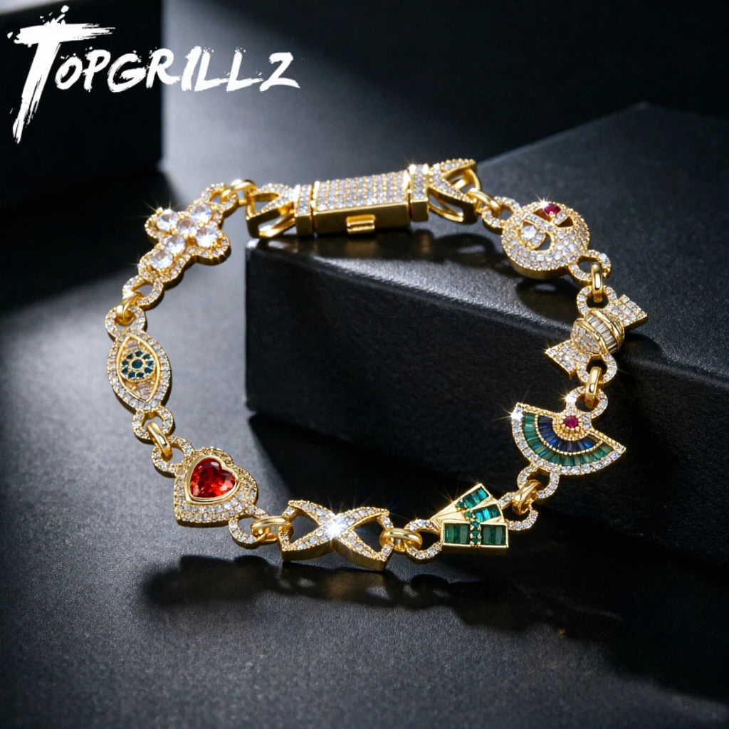 TOPGRILLZ Womens Streetwear Jewelry Gold Plated Flower Evil Eye Heart Charms Cross Bracelet Micro Pave Bling Gift For Men