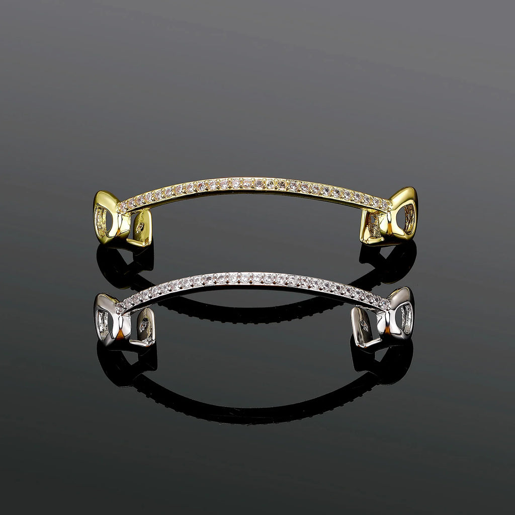 TOPGRILLZ Hip Hop Rapper Accessories Bar Grillz Set Gold Plated Copper Iced Out Top&Bottom Tooth Grills For Men&Women