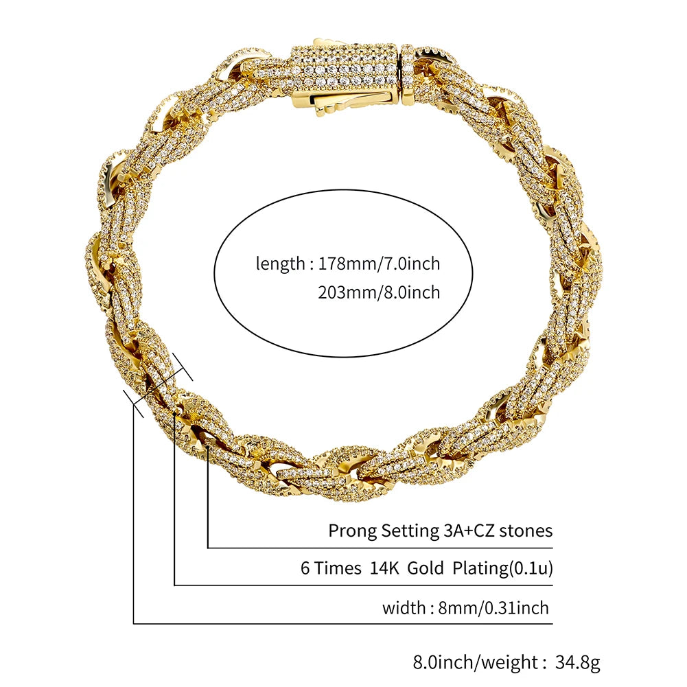 TOPGRILLZ 8mm Rope Chain Hip Hop Necklace Gold Silver Color Iced Out Micro Pave CZ Necklace Men Women Jewelry Gift