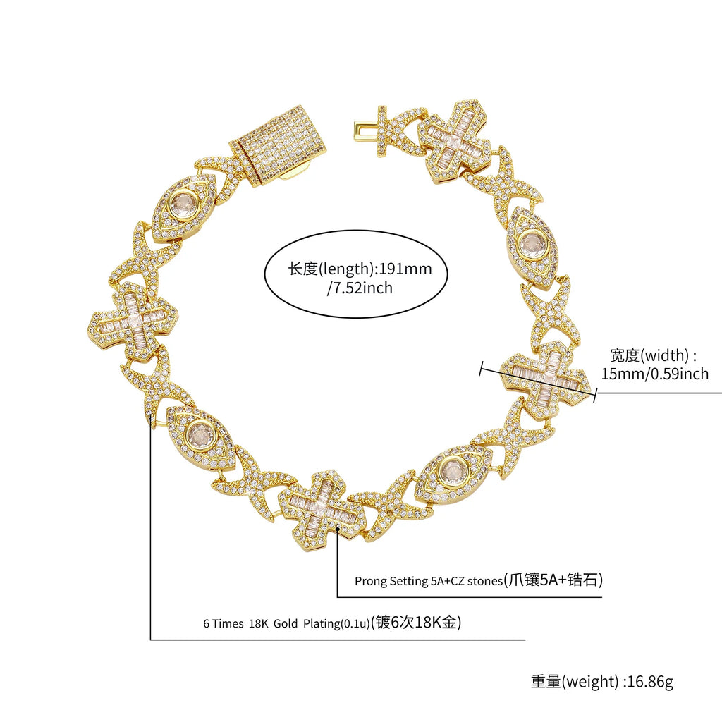TOPGRILLZ Evil Eye Cross Infinity Symbol Link Bracelet Iced Out Gold Plated CZ Paved Hip Hop Gothic Halloween Jewelry Men Women