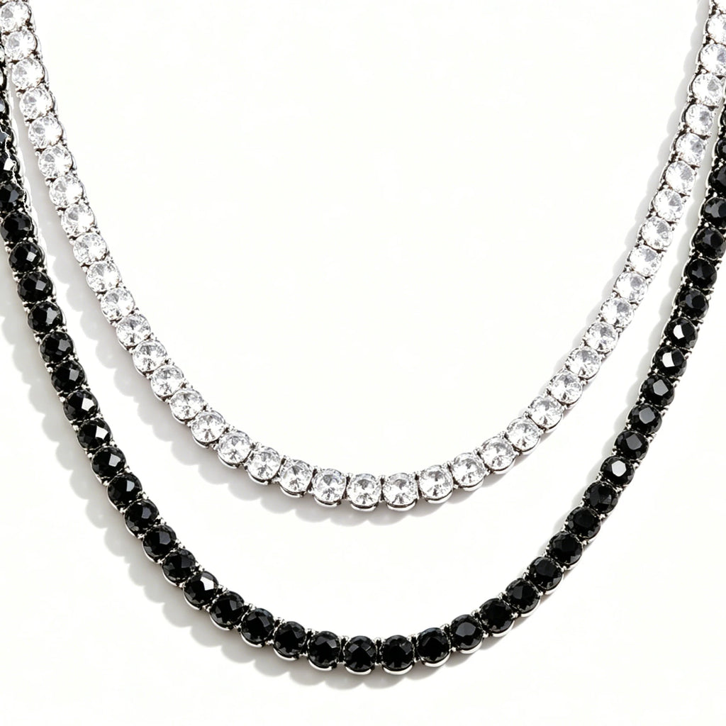 TOPGRILLZ 2PC Classic Versatile 3-5MM Tennis Chain Hip Hop Jewelry Set in Black & White CZ - Festival Gift For Men&Women