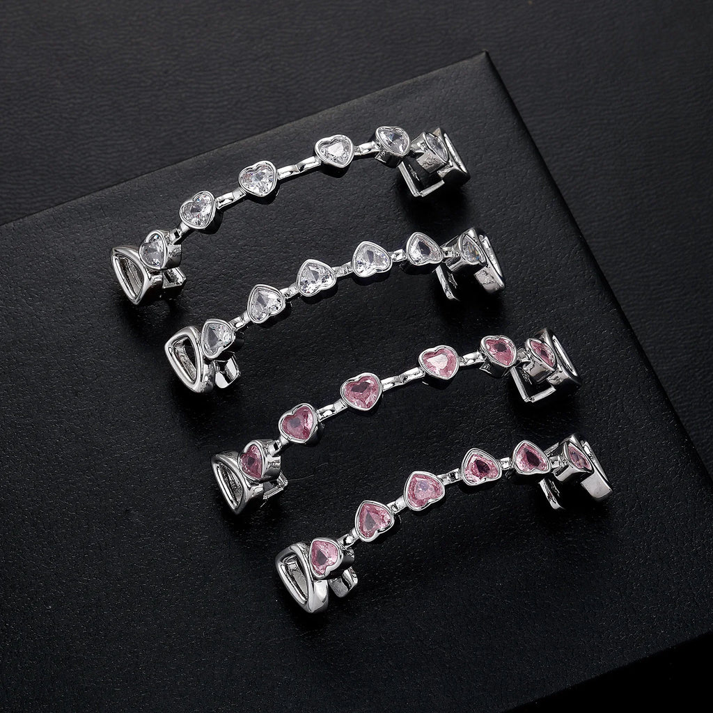 TOPGRILLZ Hip Hop Y2K Copper Grillz Set Pink And Clear Heart CZ Top Bottom Teeth Cap Sweet Cool Bling Jewelry For Women Men