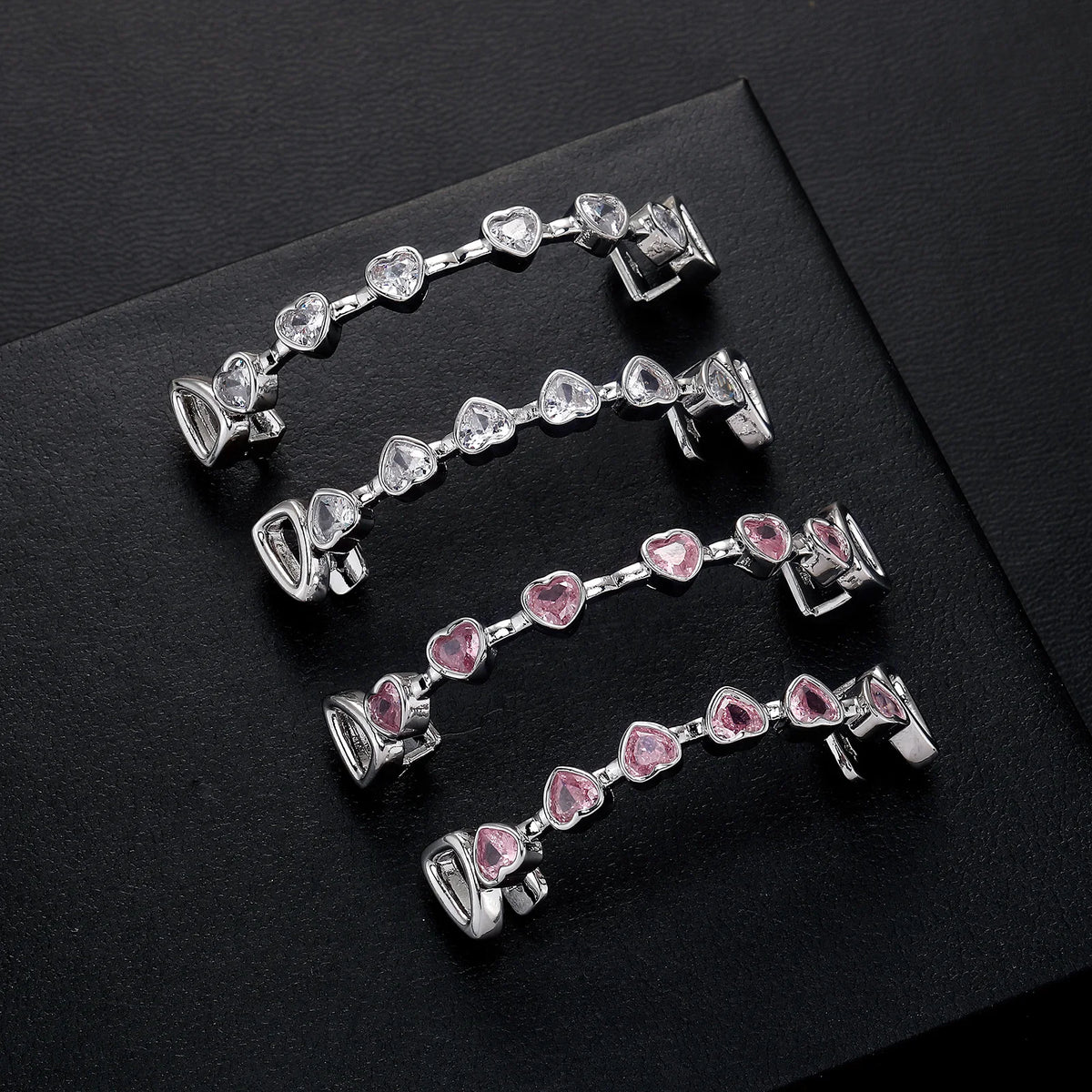 TOPGRILLZ Hip Hop Y2K Copper Grillz Set Pink And Clear Heart CZ Top Bottom Teeth Cap Sweet Cool Bling Jewelry For Women Men