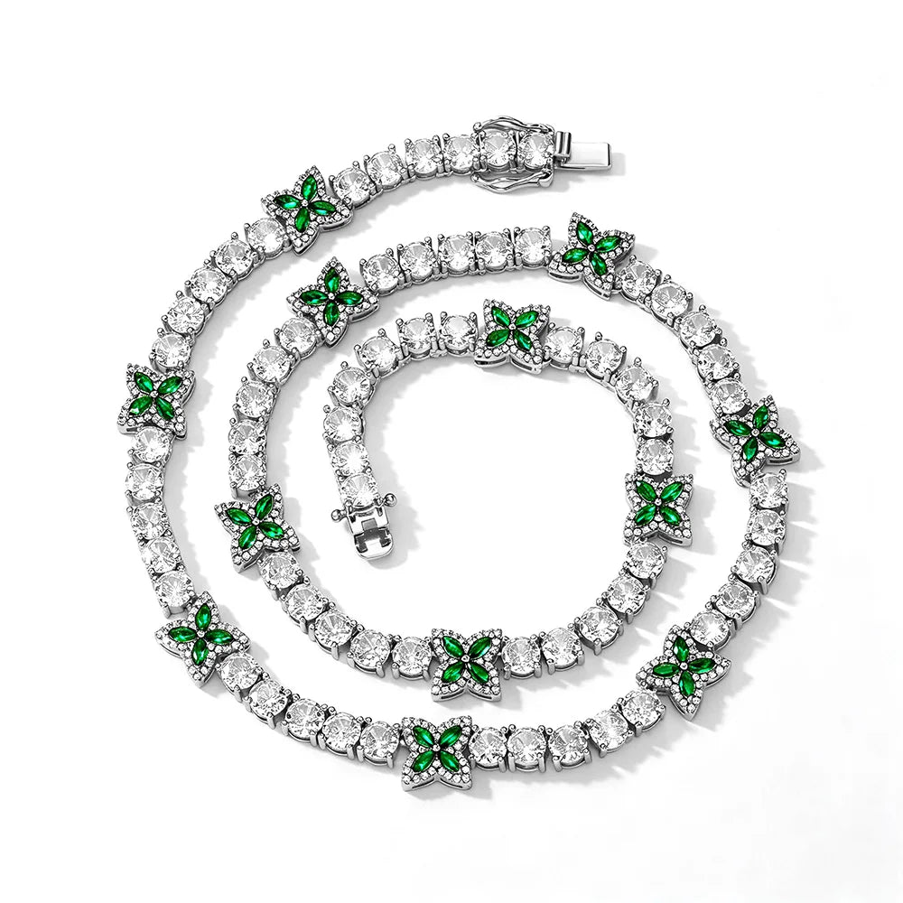 TOPGRILLZ Green Clover Tennis Chain Necklace Gold Plated White & Green CZ Four Leaf Charm Hip Hop Bling Jewelry Men Women Gift