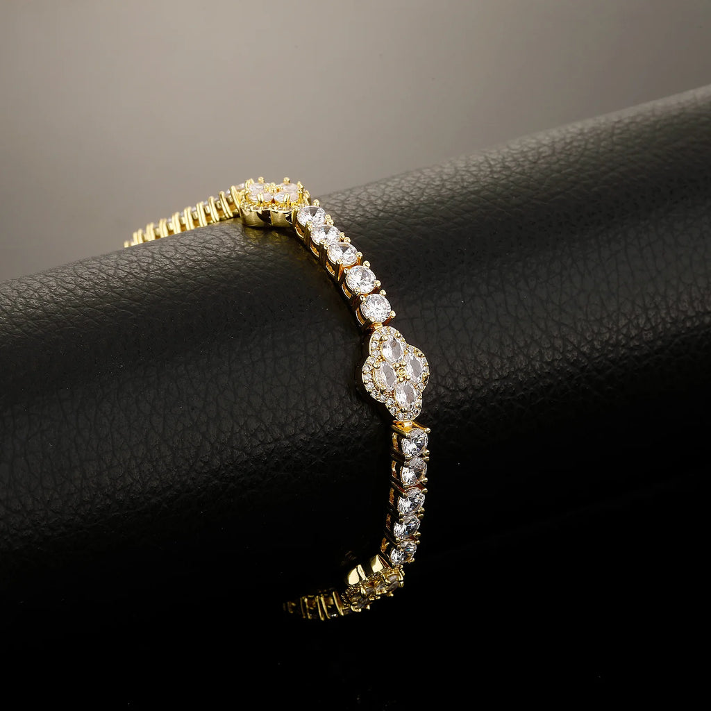 TOPGRILLZ Iced Out 4mm Zirconia Tennis Bracelet Flower Four Leaf Clover CZ Chain with Spring Buckle For Women Men Jewelry
