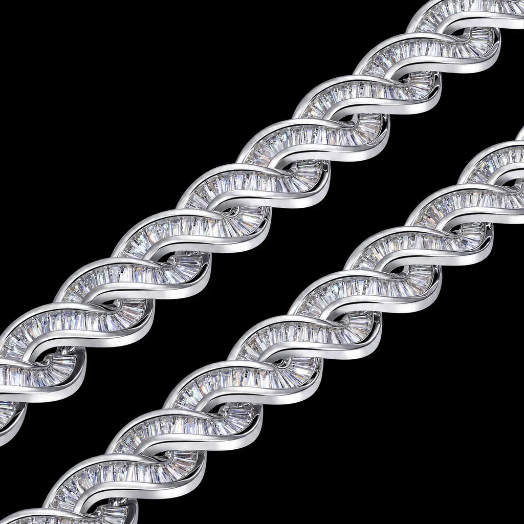 TOPGRILLZ Baguette CZ DNA Twist Chain Necklace S Wave Link Full Iced Out Silver Plated Hip Hop Jewelry Men Women