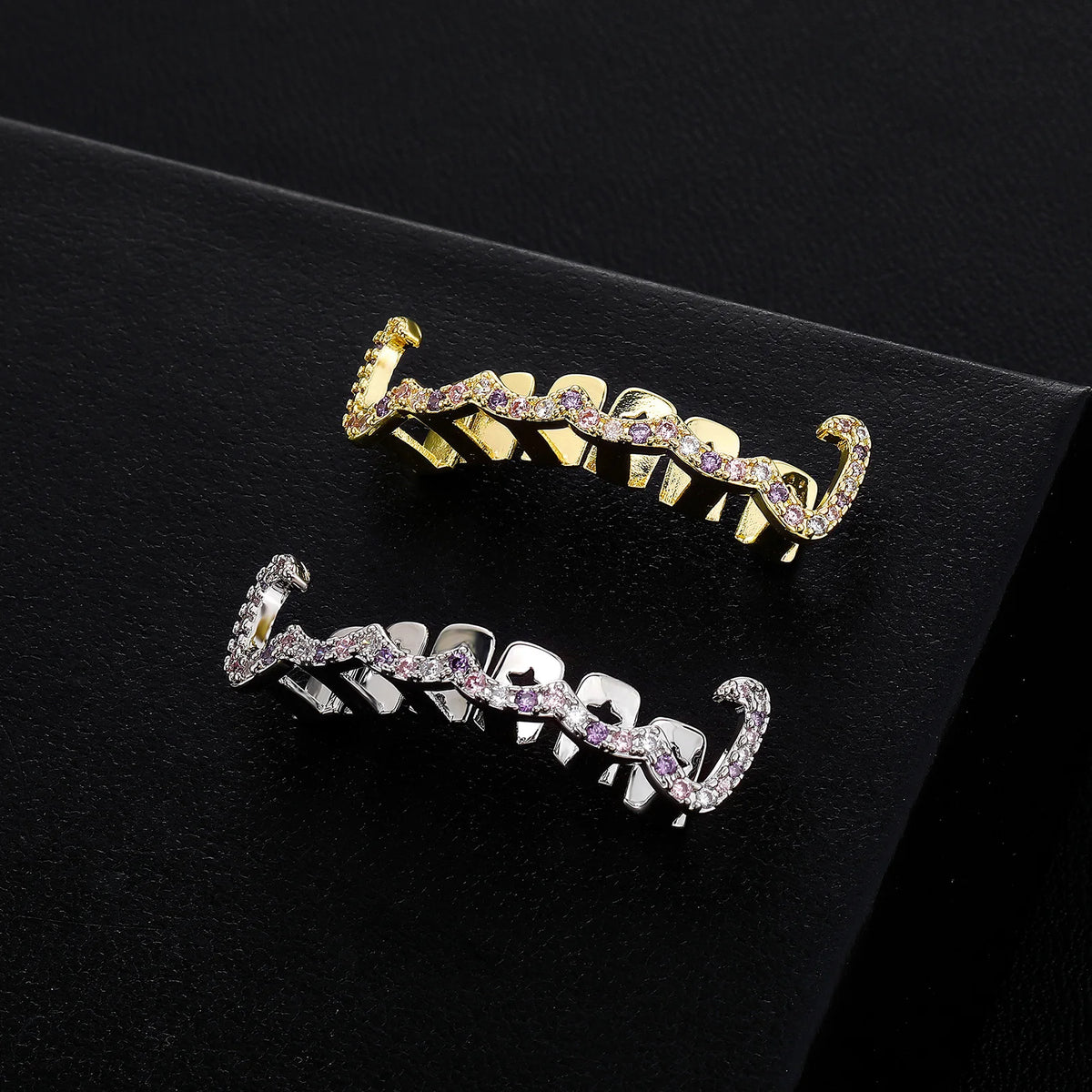 TOPGRILLZ Y2K Sweet Cool Grillz Pink Purple CZ Gold Plated Fang and Wavy Bar Set Women Men Couple Teeth Jewelry