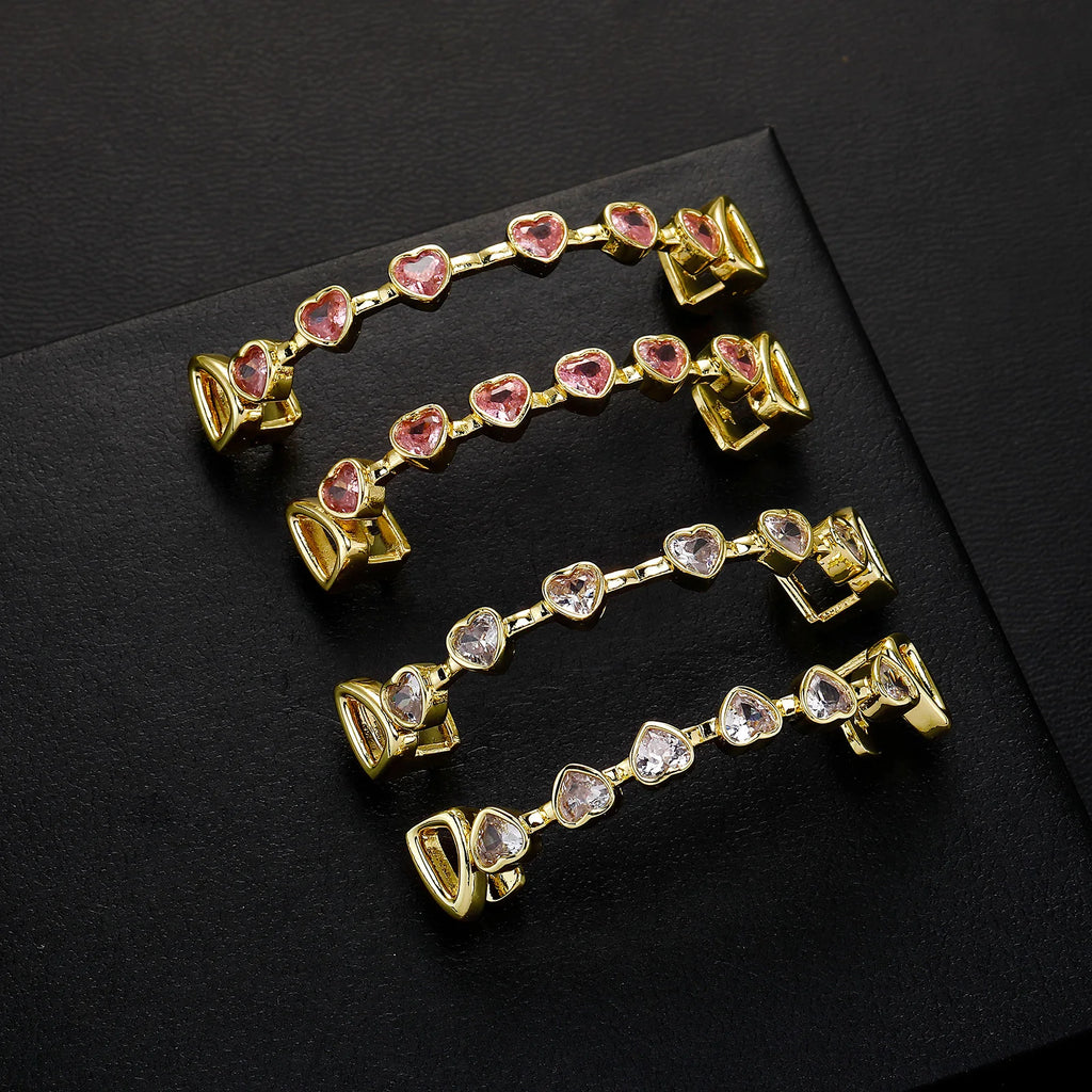 TOPGRILLZ Hip Hop Y2K Copper Grillz Set Pink And Clear Heart CZ Top Bottom Teeth Cap Sweet Cool Bling Jewelry For Women Men