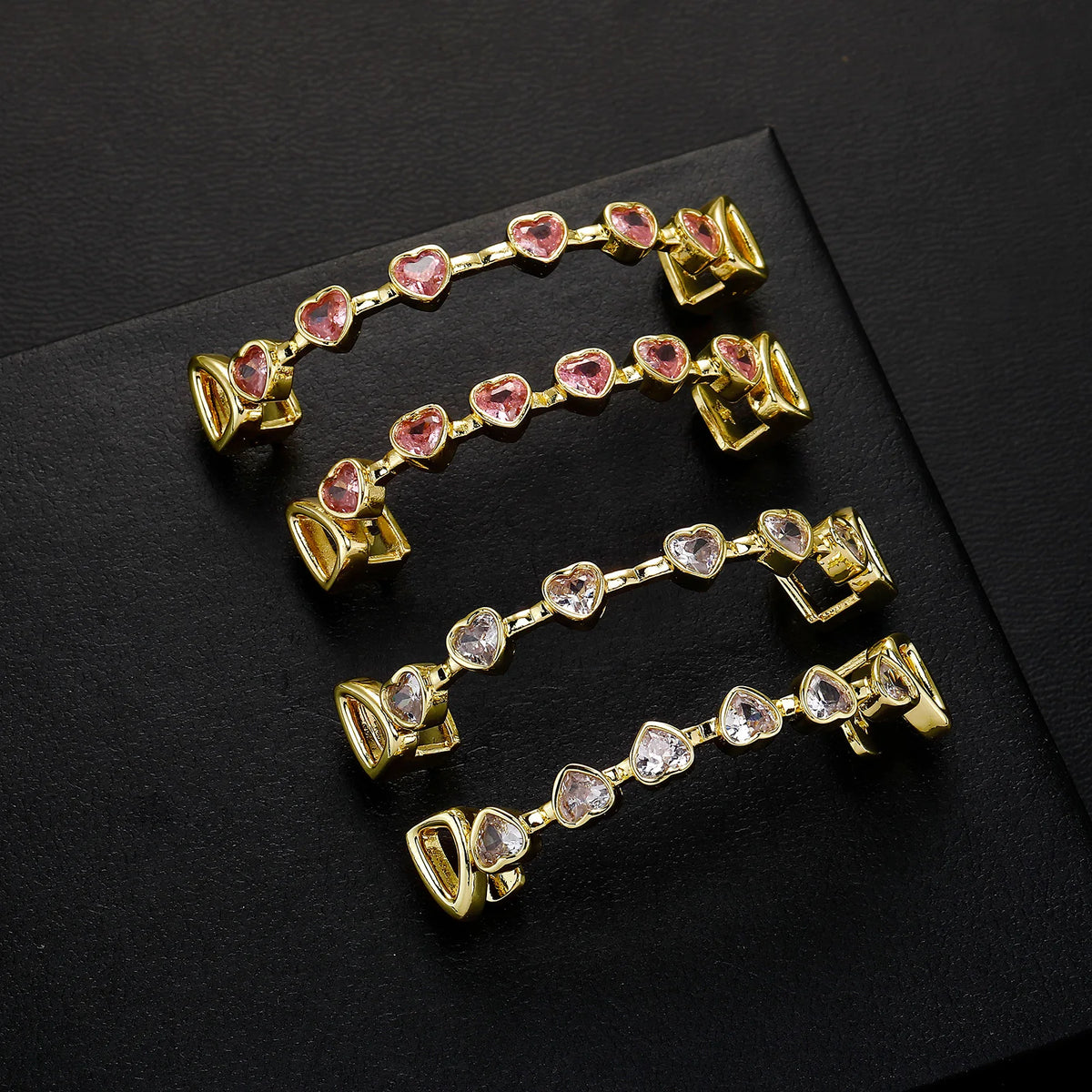 TOPGRILLZ Hip Hop Y2K Copper Grillz Set Pink And Clear Heart CZ Top Bottom Teeth Cap Sweet Cool Bling Jewelry For Women Men