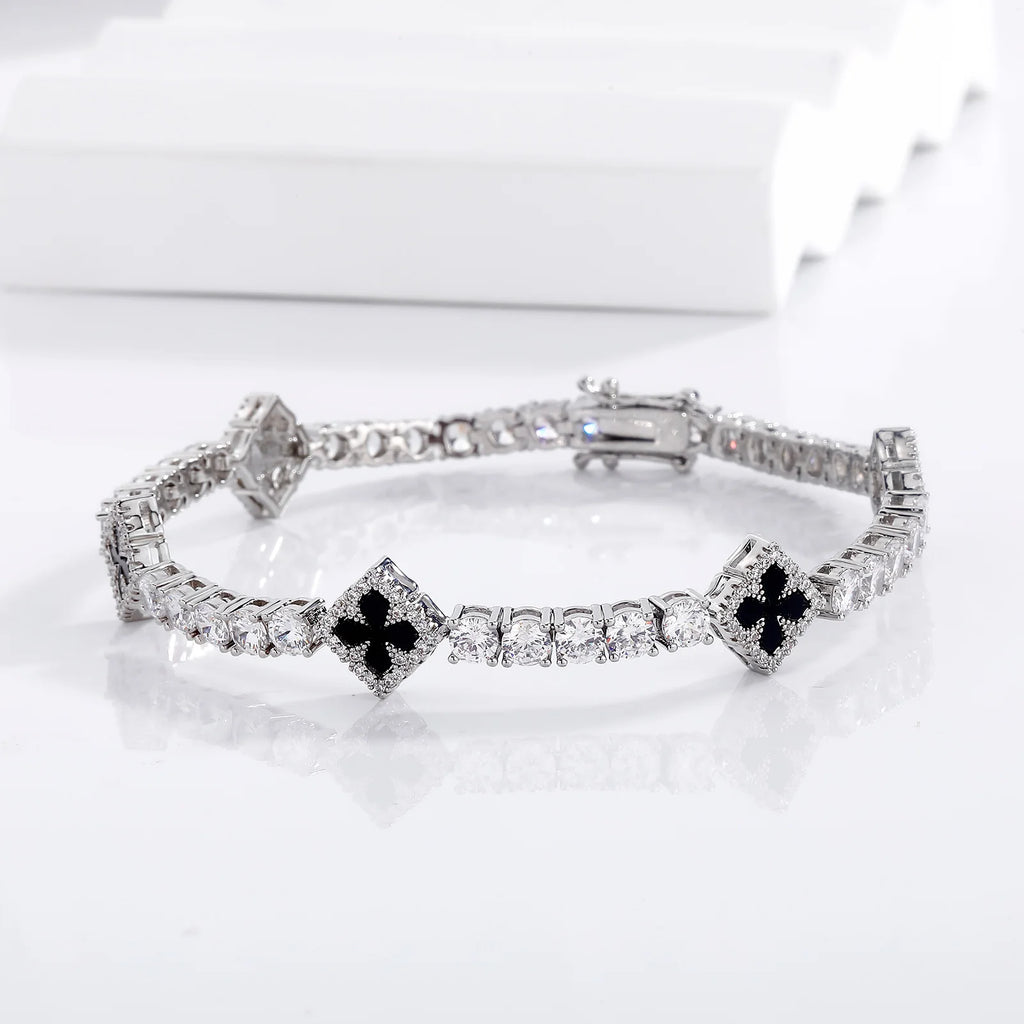 TOPGRILLZ Iced Out Charm Lucky Clover 4mm Tennis Bracelet Black Drip Oil Micro Paved Cubic Zircon Chain For Men Women Jewelry