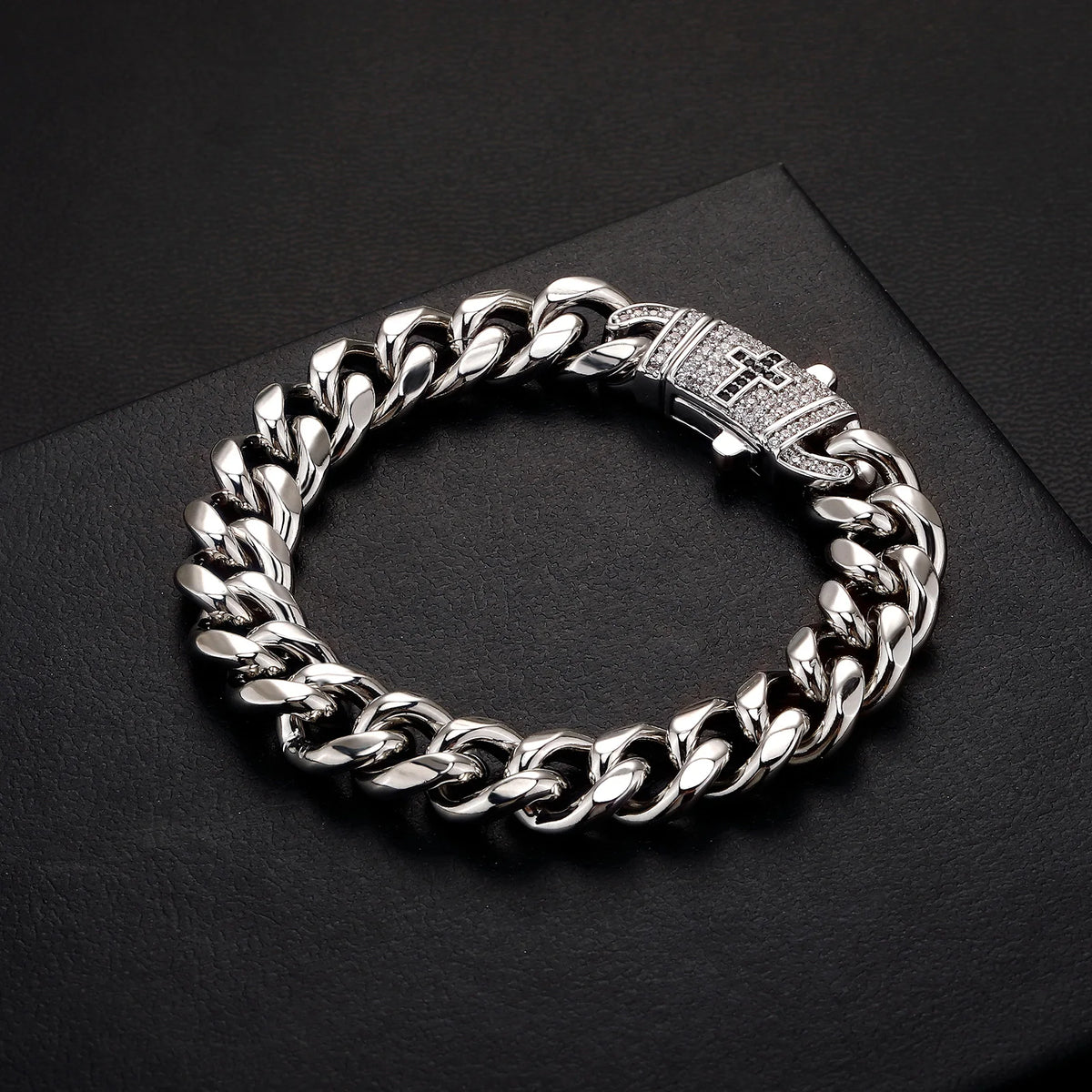 TOPGRILLZ Mens Streetwear Jewelry Gold Plated Copper Cuban Link Bracelet Black Cross Clasp Iced Out Gift For Men&Women