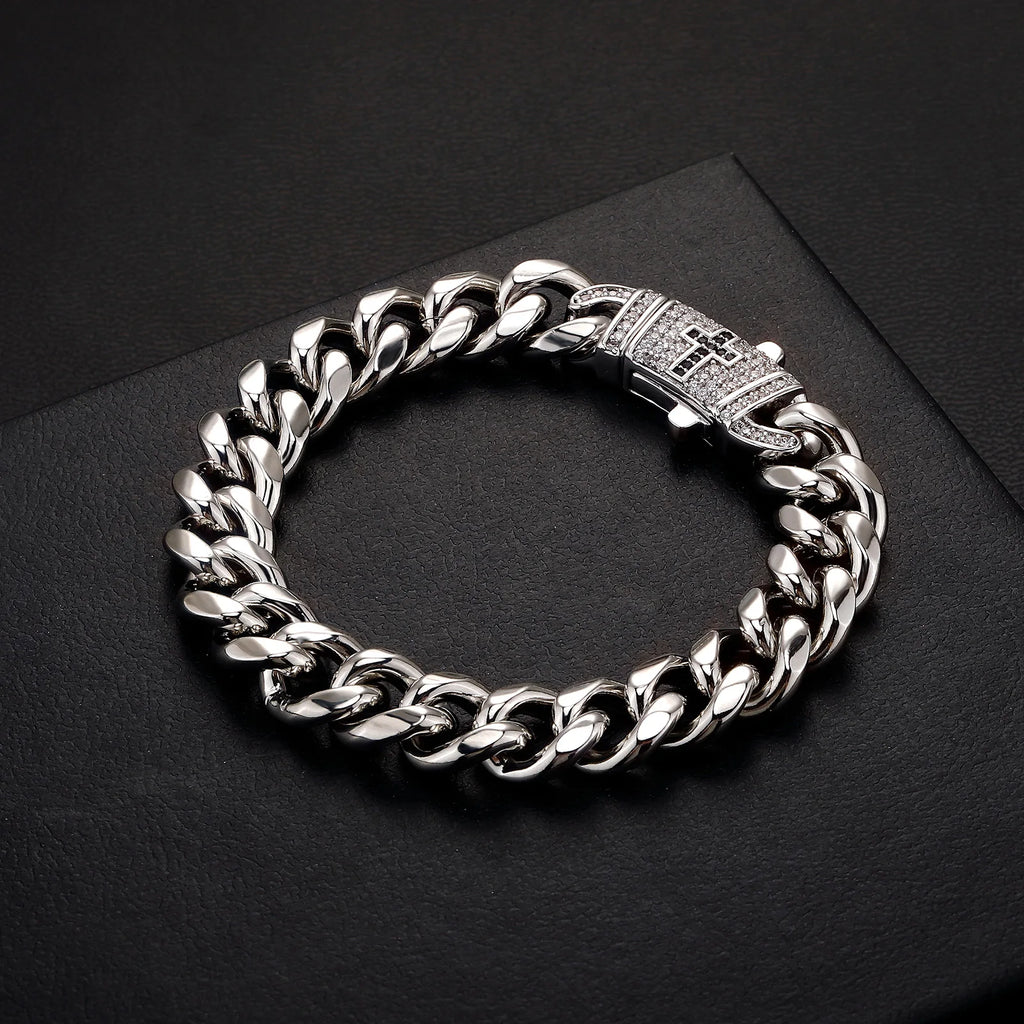 TOPGRILLZ Mens Streetwear Jewelry Gold Plated Copper Cuban Link Bracelet Black Cross Clasp Iced Out Gift For Men&Women
