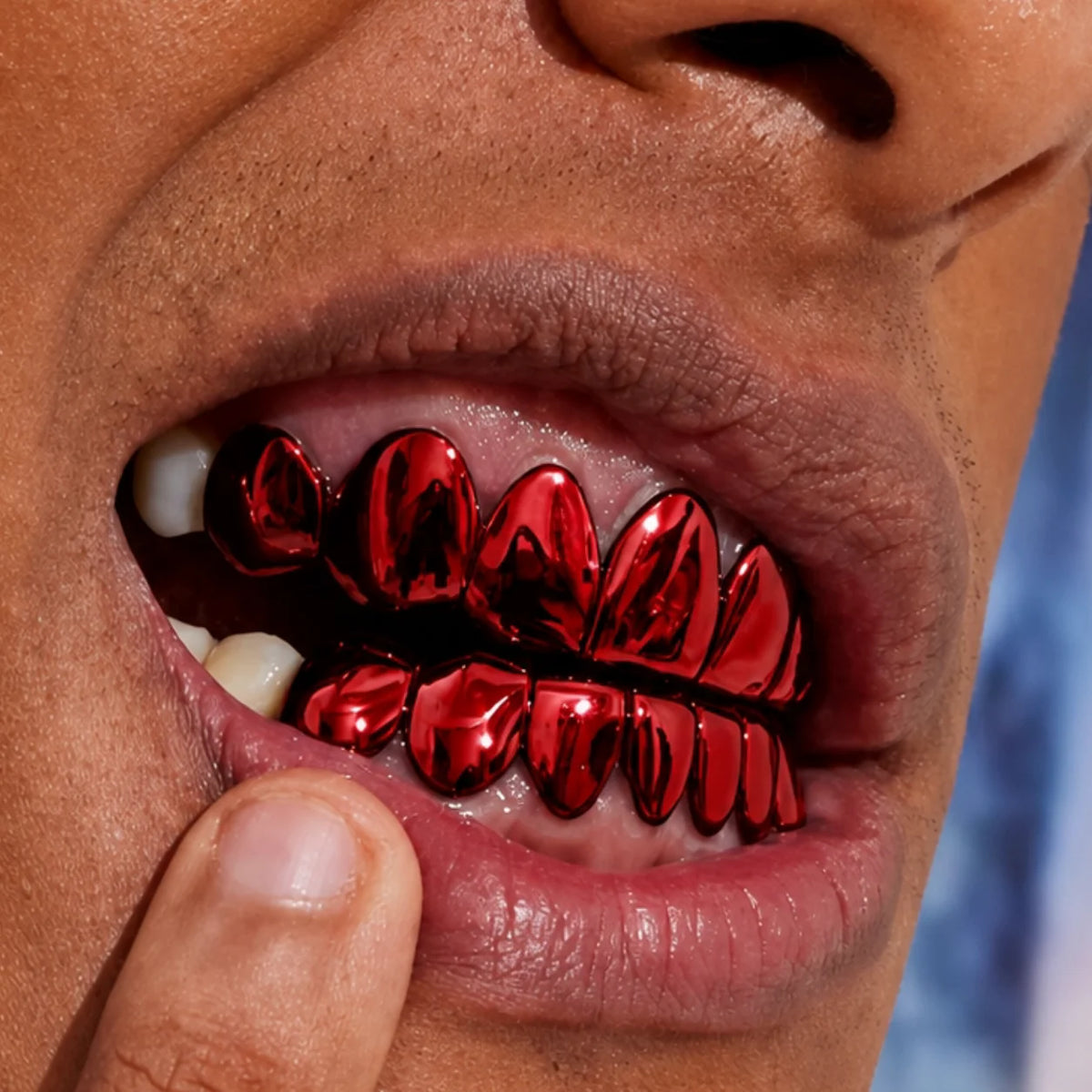 TOPGRILLZ Red Mirror Hip Hop Grillz Set 2Pcs 8 Teeth Top Bottom Grills Y2K Party Cosplay Teeth Halloween Jewelry Men Women