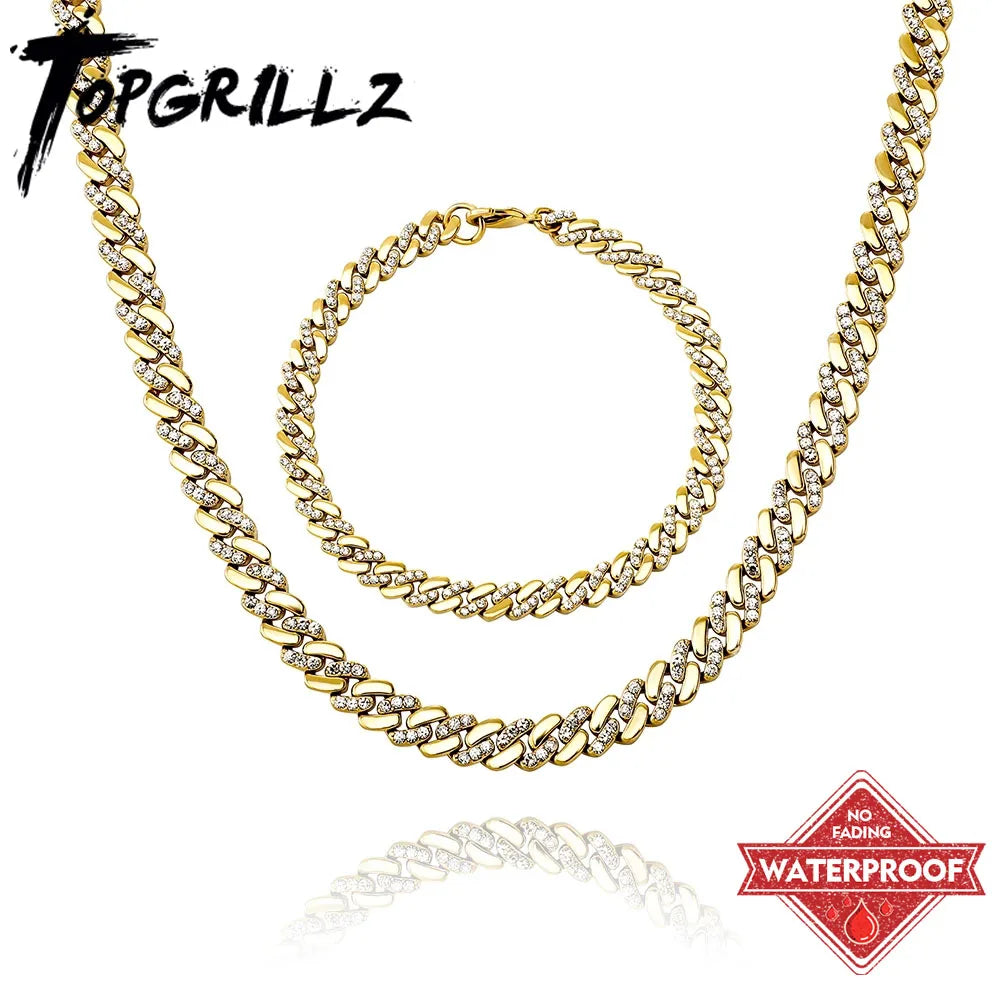 TOPGRILLZ 6MM/8MM Cuban Chain Necklace With Gold Plated Waterproof Iced Out Czechic Stone Hip Hop Fashion Jewelry For Men Women