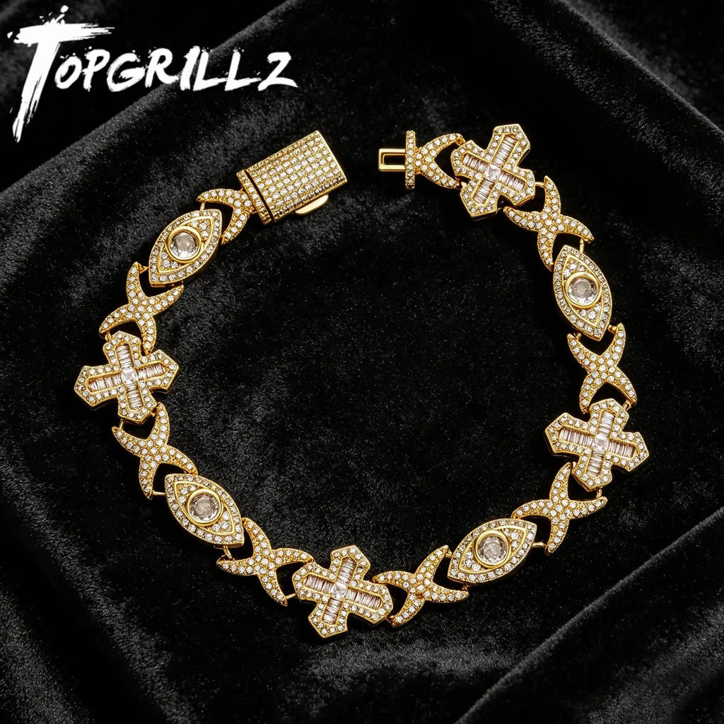 TOPGRILLZ Evil Eye Cross Infinity Symbol Link Bracelet Iced Out Gold Plated CZ Paved Hip Hop Gothic Halloween Jewelry Men Women
