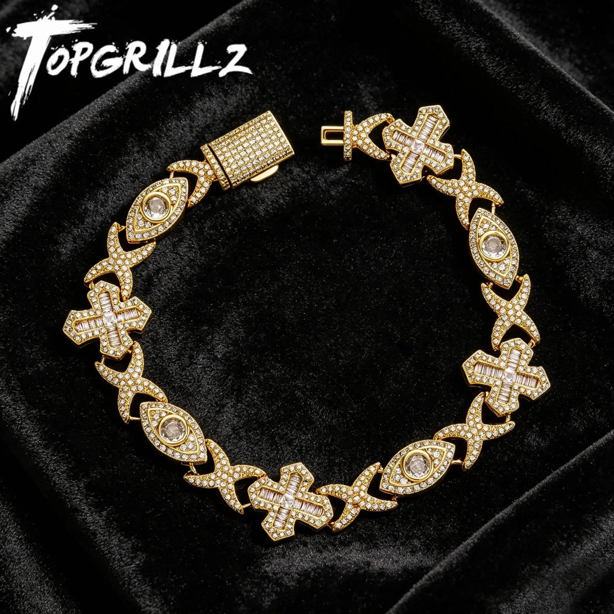TOPGRILLZ Evil Eye Cross Infinity Symbol Link Bracelet Iced Out Gold Plated CZ Paved Hip Hop Gothic Halloween Jewelry Men Women