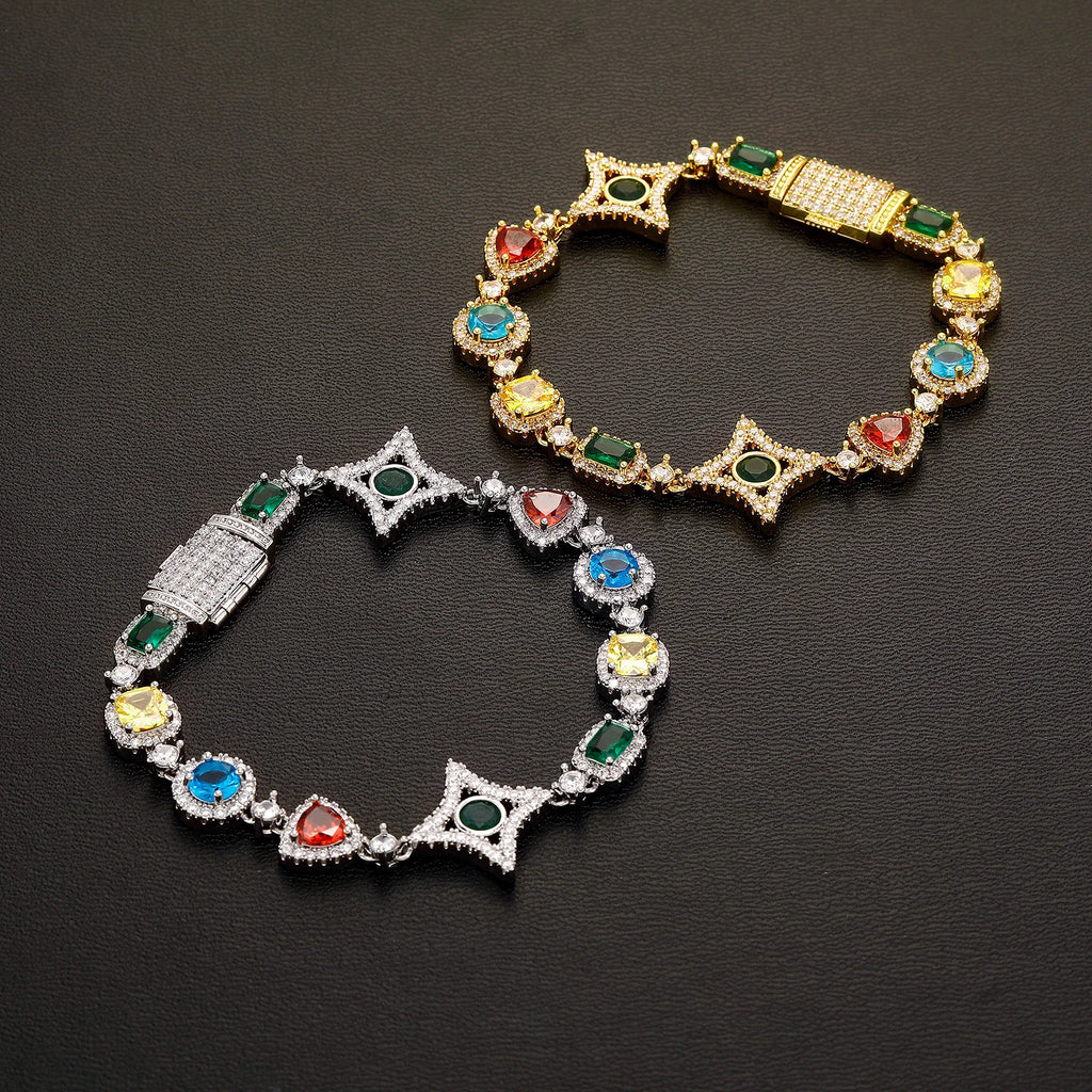 TOPGRILLZ Multicolor CZ Star Link Bracelet Necklace Gold/Silver Plated Y2K Dopamine Hip Hop Jewelry Iced Out Couple Unisex Gift