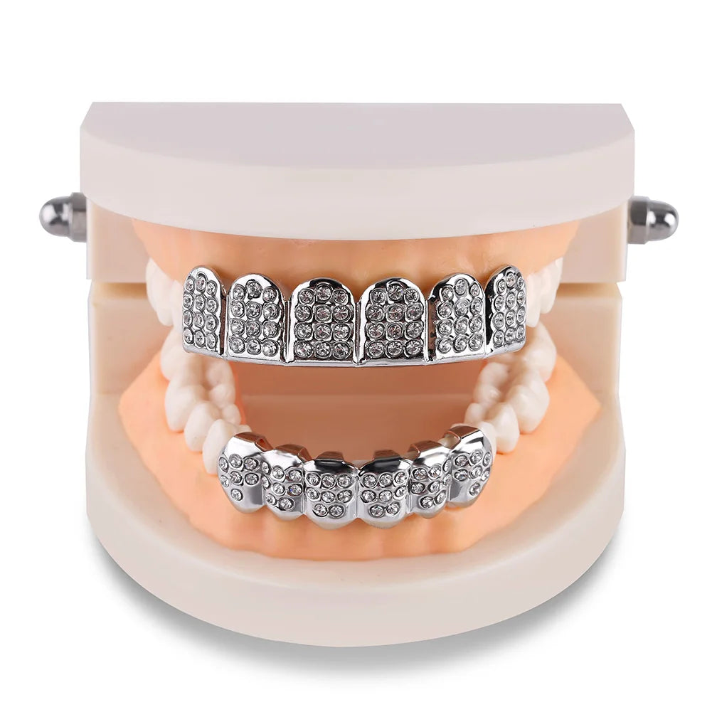 TOPGRILLZ Iced Out Full CZ Stones Teeth Grillz Fashion 5A+ Cubic Zircon 6 Top&6 Bottom Tooth Caps For Men Women Dental Grills
