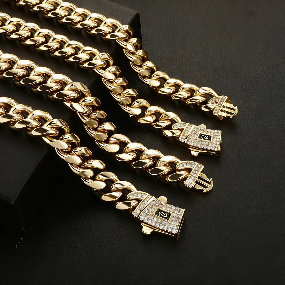 TOPGRILLZ Solid Stainless Steel Cuban Chain Necklace Anti-Rust CZ Iced Straight & Curved Lock Clasp 8-14mm Hip Hop Jewelry