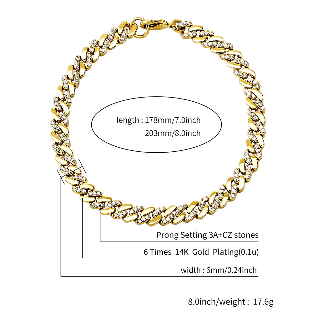 TOPGRILLZ 6MM/8MM Cuban Chain Necklace With Gold Plated Waterproof Iced Out Czechic Stone Hip Hop Fashion Jewelry For Men Women