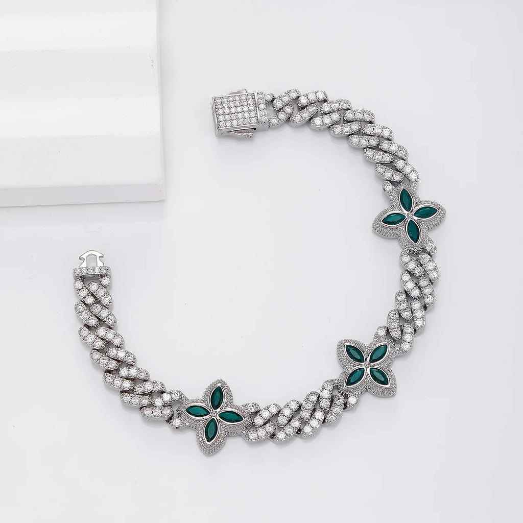 TOPGRILLZ 10mm Multi Color CZ Floral Cuban Chain Bracelet Micro Paved Iced Out 5A+ Cubic Zircon Clover Anklet Luxury Jewelry