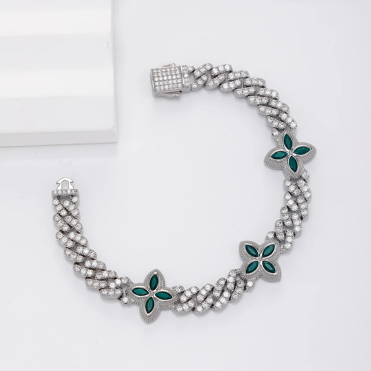 TOPGRILLZ 10mm Multi Color CZ Floral Cuban Chain Bracelet Micro Paved Iced Out 5A+ Cubic Zircon Clover Anklet Luxury Jewelry