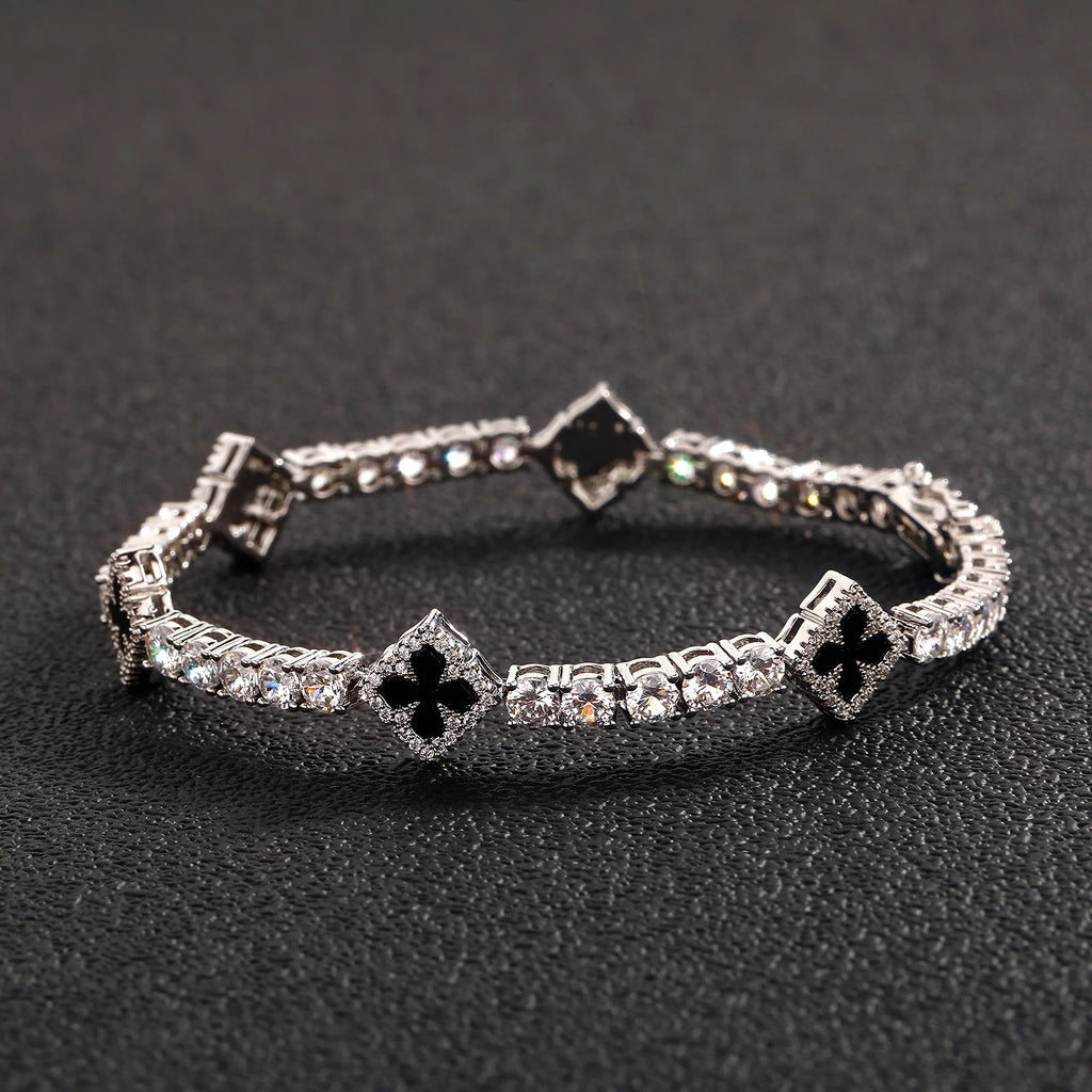 TOPGRILLZ Iced Out Charm Lucky Clover 4mm Tennis Bracelet Black Drip Oil Micro Paved Cubic Zircon Chain For Men Women Jewelry