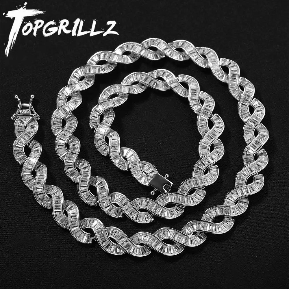 TOPGRILLZ Baguette CZ DNA Twist Chain Necklace S Wave Link Full Iced Out Silver Plated Hip Hop Jewelry Men Women