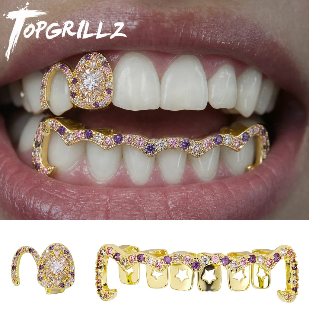 TOPGRILLZ Y2K Sweet Cool Grillz Pink Purple CZ Gold Plated Fang and Wavy Bar Set Women Men Couple Teeth Jewelry