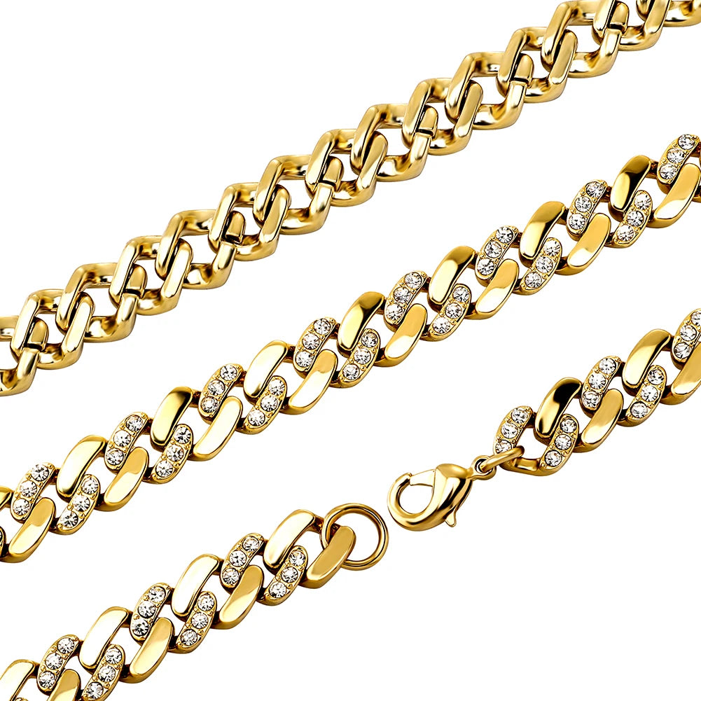 TOPGRILLZ 6MM/8MM Cuban Chain Necklace With Gold Plated Waterproof Iced Out Czechic Stone Hip Hop Fashion Jewelry For Men Women