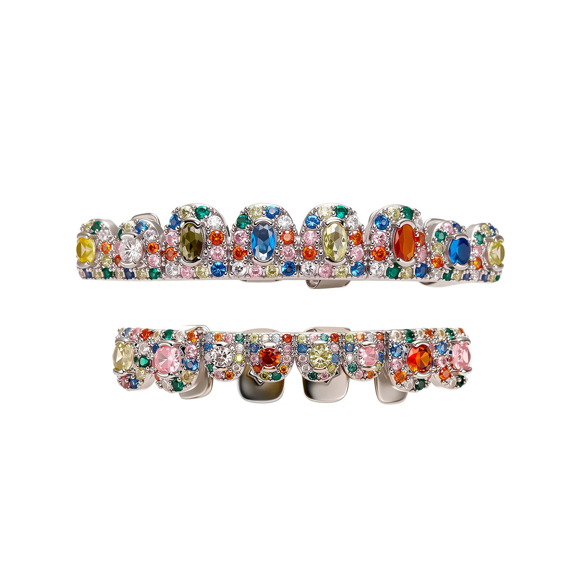 TOPGRILLZ  Hip Hop Full Iced Out  Set 8 Top&8 Bottom Tooth Cap Rainbow Candy Color Dental Grills For Unisex