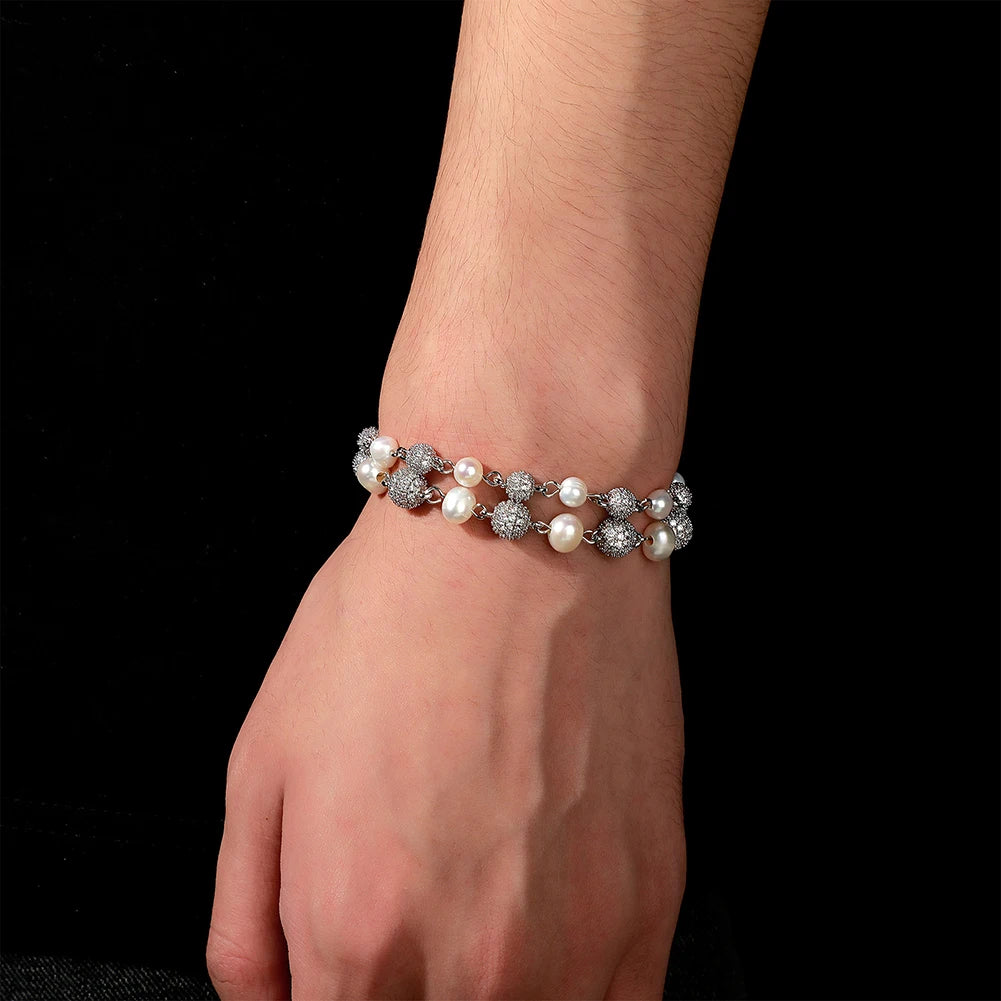 TOPGRILLZ 6mm8mm Big Round Ball Bracelet with Pearl Hip Hop Bracelet Iced Out CZ Gold Color Bracelet Punk Bling Jewelry For Gift