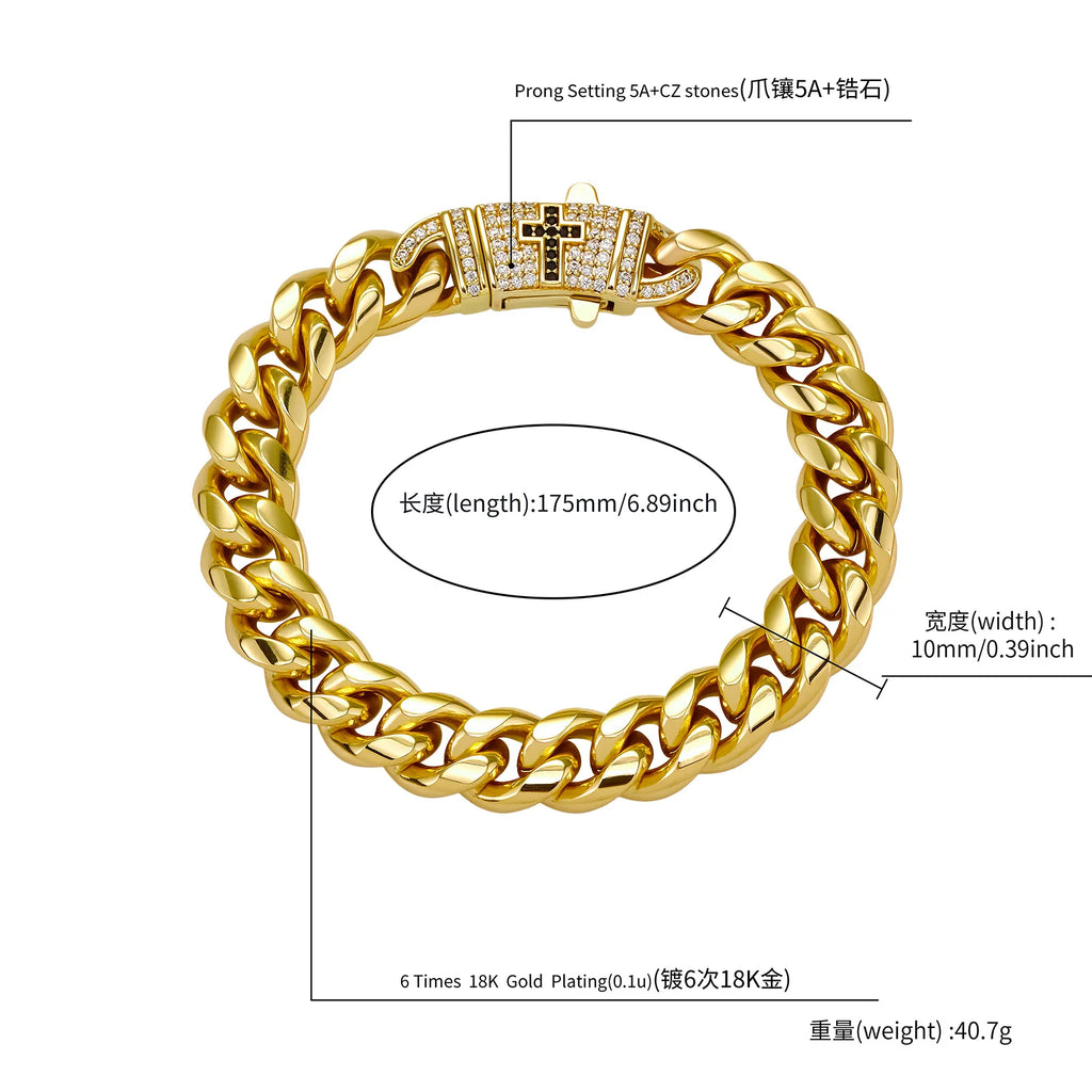 TOPGRILLZ Mens Streetwear Jewelry Gold Plated Copper Cuban Link Bracelet Black Cross Clasp Iced Out Gift For Men&Women