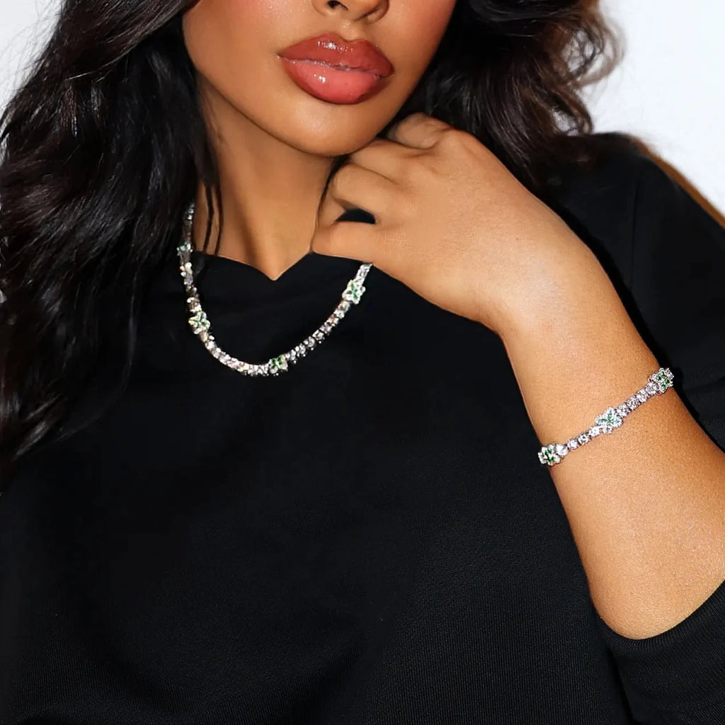 TOPGRILLZ Green Clover Tennis Chain Necklace Gold Plated White & Green CZ Four Leaf Charm Hip Hop Bling Jewelry Men Women Gift