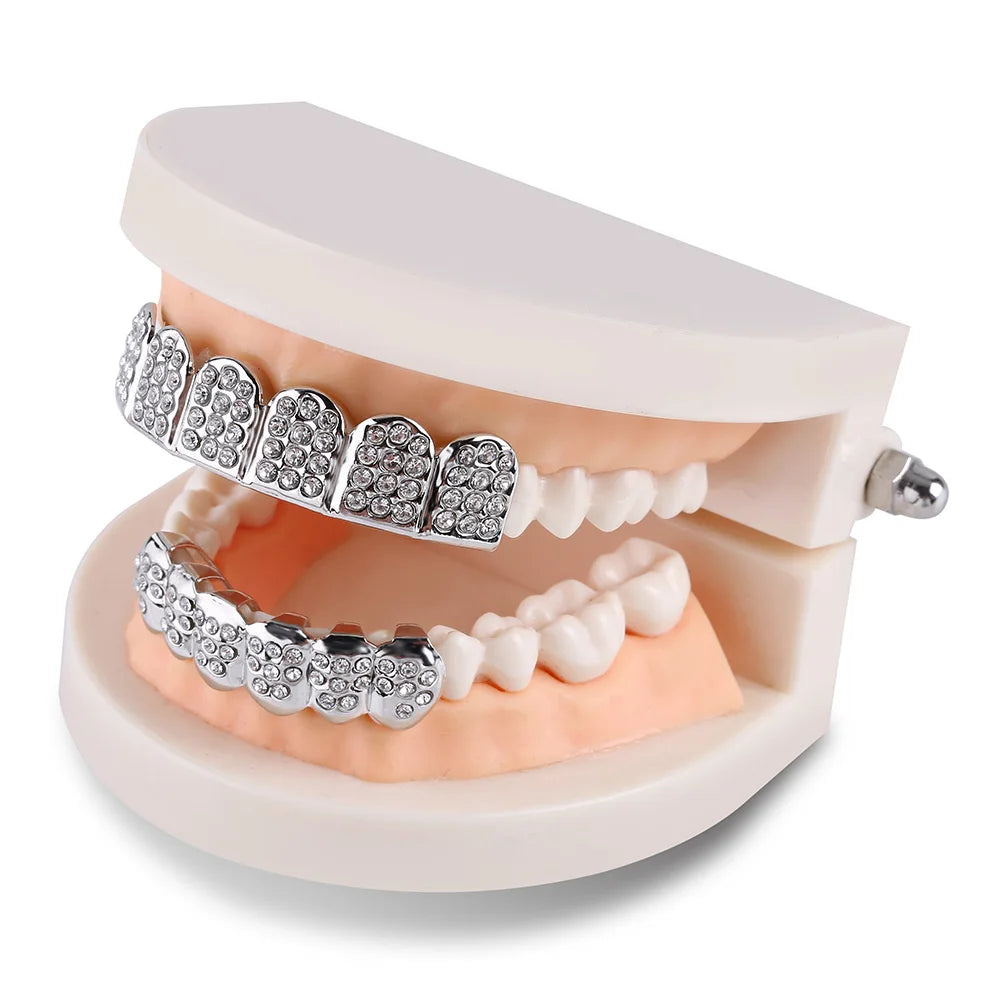 TOPGRILLZ Iced Out Full CZ Stones Teeth Grillz Fashion 5A+ Cubic Zircon 6 Top&6 Bottom Tooth Caps For Men Women Dental Grills