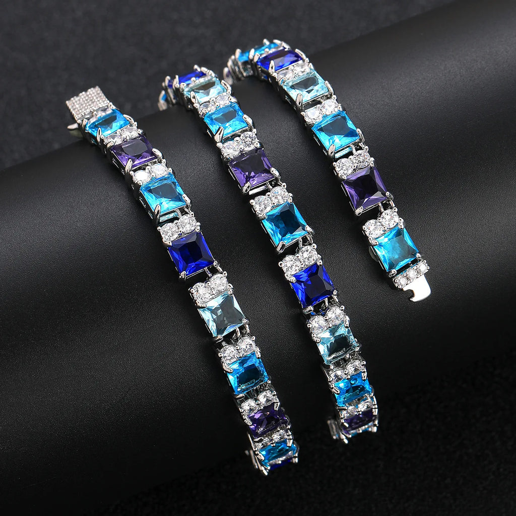 TOPGRILLZ Blue Zircon Tennis Chain Silver Plated Square Color CZ Iced Out Necklace Bracelet Box Clasp Hip Hop Jewelry Men Women