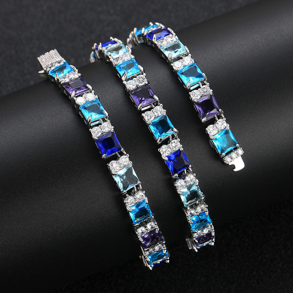 TOPGRILLZ Blue Zircon Tennis Chain Silver Plated Square Color CZ Iced Out Necklace Bracelet Box Clasp Hip Hop Jewelry Men Women