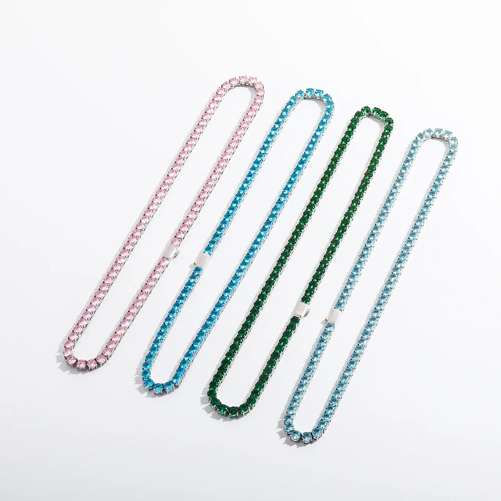 TOPGRILLZ 3/4MM Waterproof and Color Retention 5A+ Cz Stone Tennis Chain Iced Out Blue/Green/Pink Colorful Stone Hip Hop Jewelry