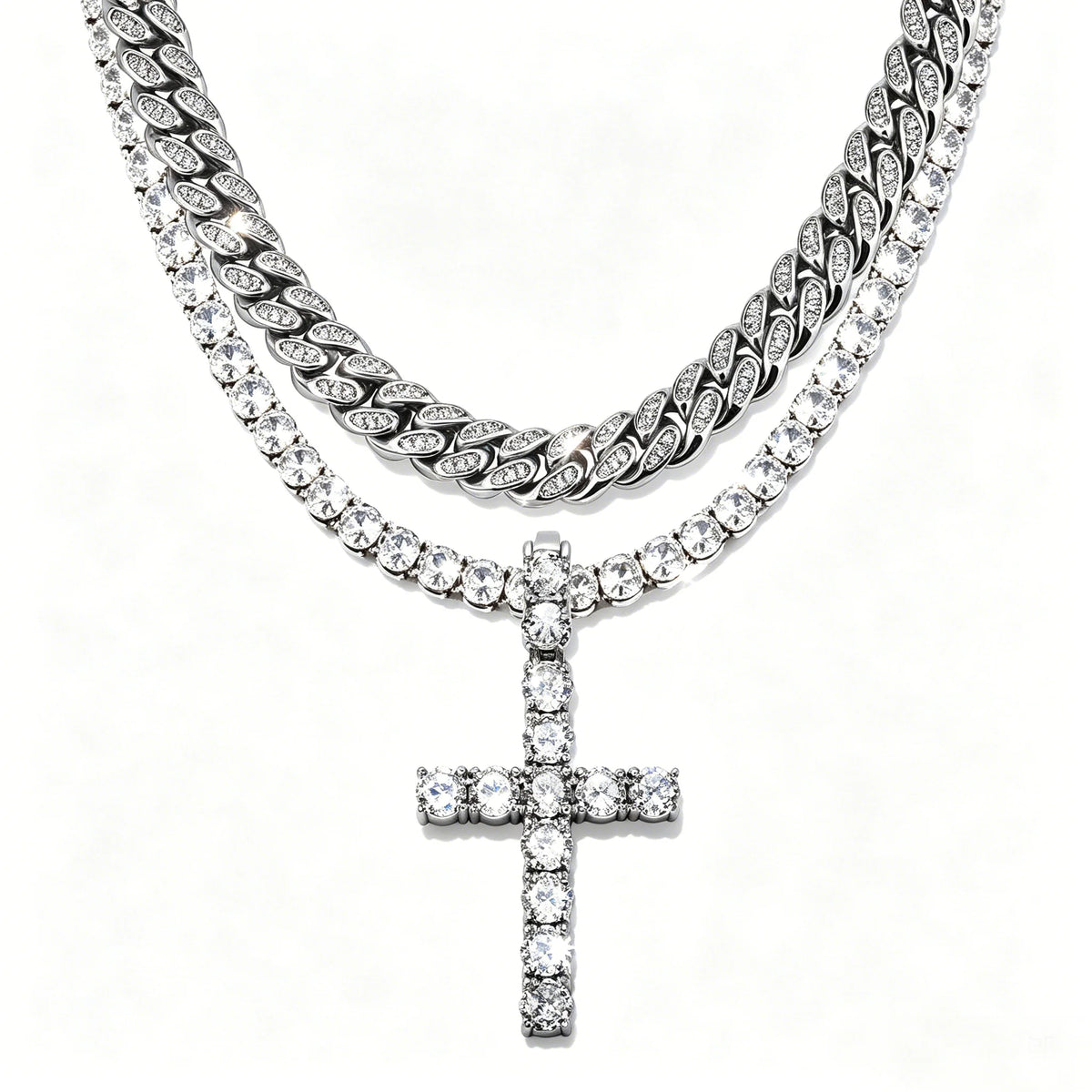 TOPGRILLZ 2Pcs Layered Hip Hop Necklace Set Iced Out Cuban Tennis Chain CZ Cross Pendant Streetwear Bling Jewelry Men Women