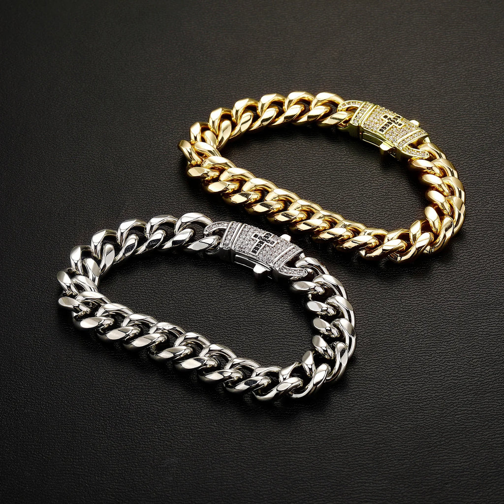 TOPGRILLZ Mens Streetwear Jewelry Gold Plated Copper Cuban Link Bracelet Black Cross Clasp Iced Out Gift For Men&Women