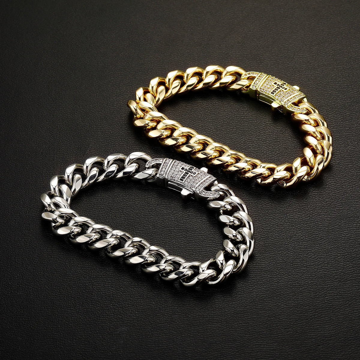 TOPGRILLZ Mens Streetwear Jewelry Gold Plated Copper Cuban Link Bracelet Black Cross Clasp Iced Out Gift For Men&Women