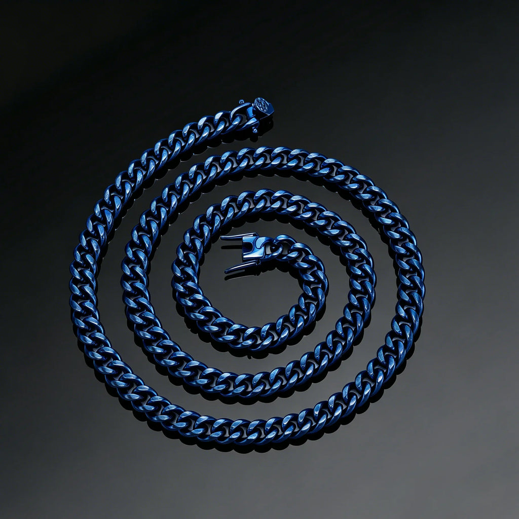 TOPGRILLZ Hip Hop Streetwear Jewelry Blue Polish Thick Cuban Link Chain Necklace/Bracelet Stainless Steel 8mm 10mm For Men&Women