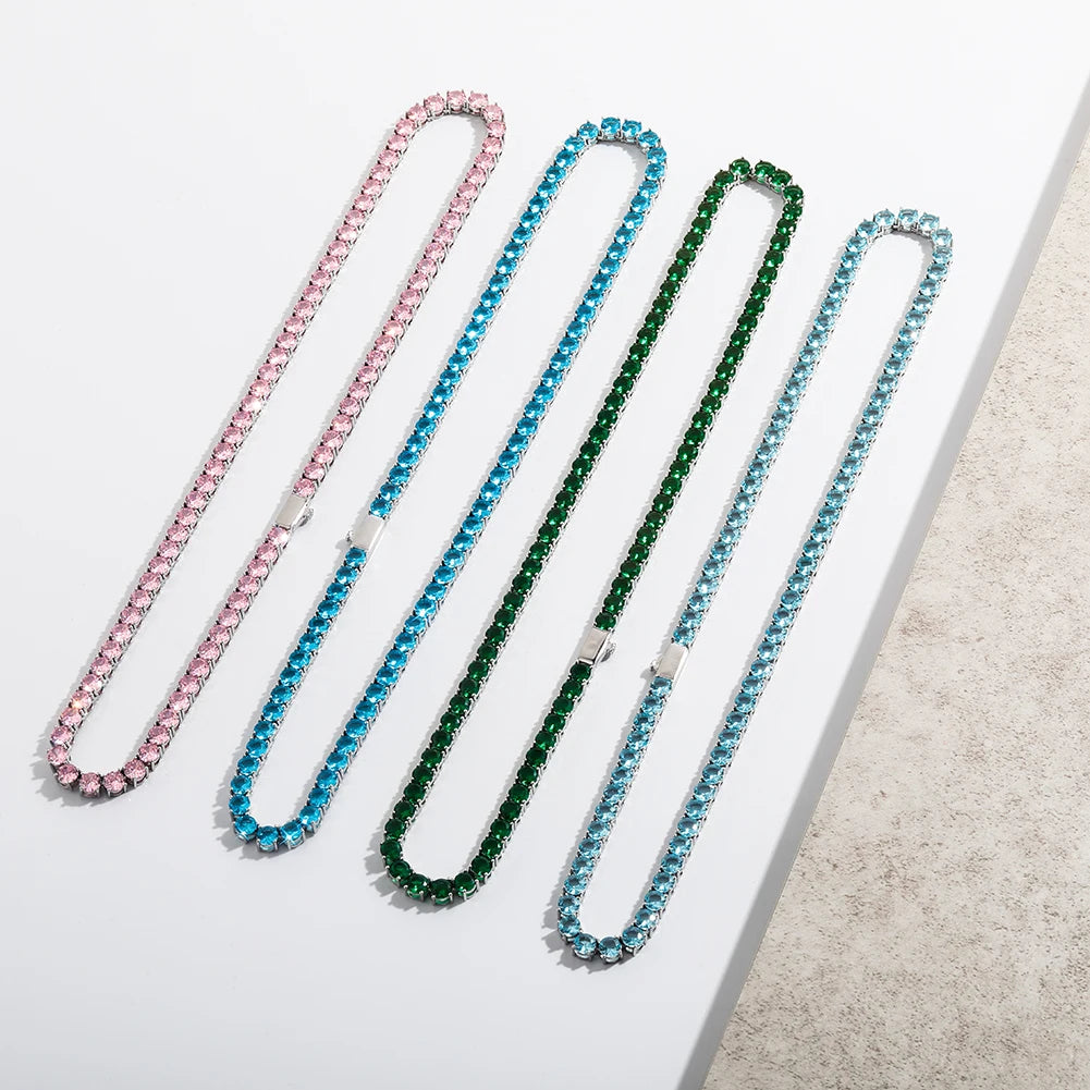 TOPGRILLZ 3/4MM Waterproof and Color Retention 5A+ Cz Stone Tennis Chain Iced Out Blue/Green/Pink Colorful Stone Hip Hop Jewelry