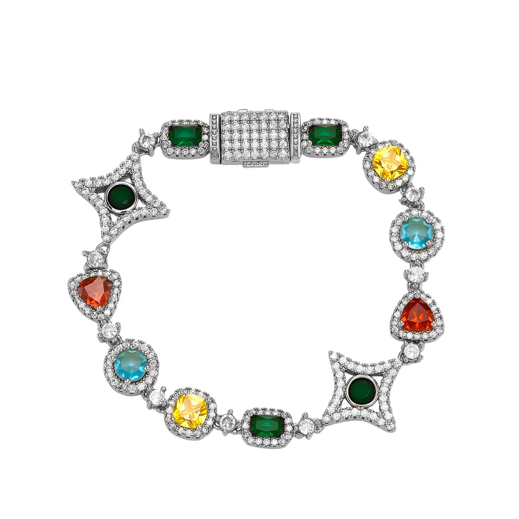 TOPGRILLZ Multicolor CZ Star Link Bracelet Necklace Gold/Silver Plated Y2K Dopamine Hip Hop Jewelry Iced Out Couple Unisex Gift