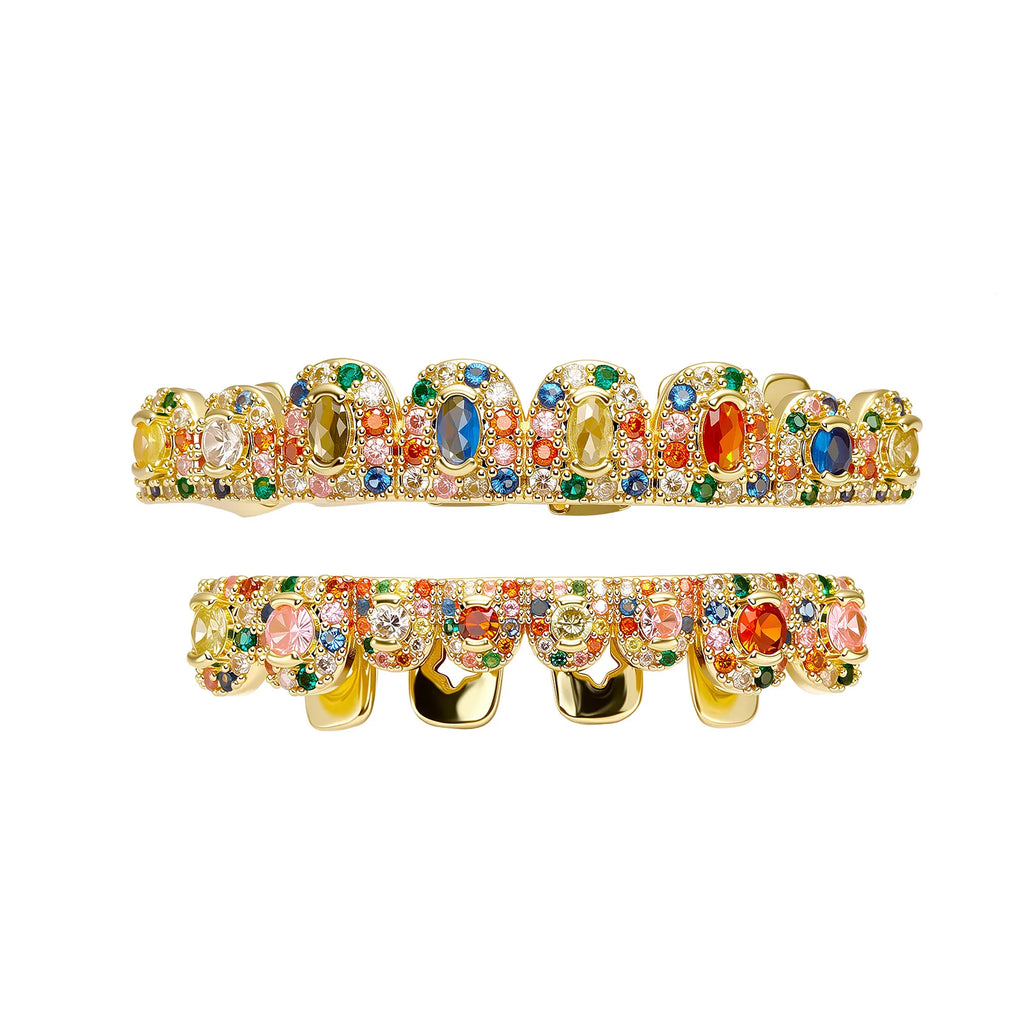 TOPGRILLZ  Hip Hop Full Iced Out  Set 8 Top&8 Bottom Tooth Cap Rainbow Candy Color Dental Grills For Unisex