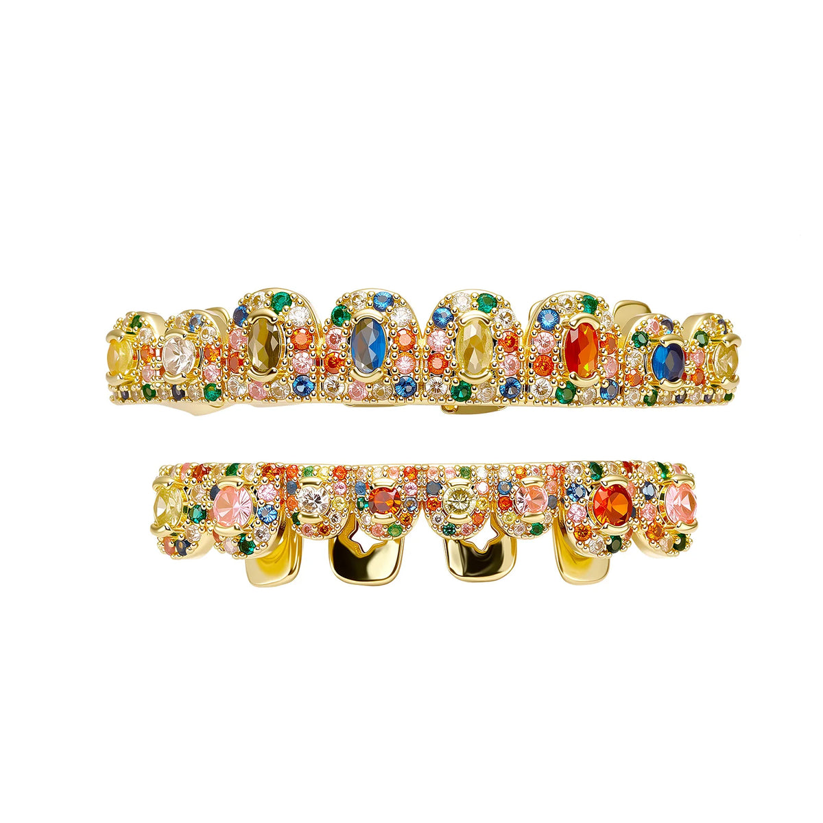 TOPGRILLZ  Hip Hop Full Iced Out  Set 8 Top&8 Bottom Tooth Cap Rainbow Candy Color Dental Grills For Unisex