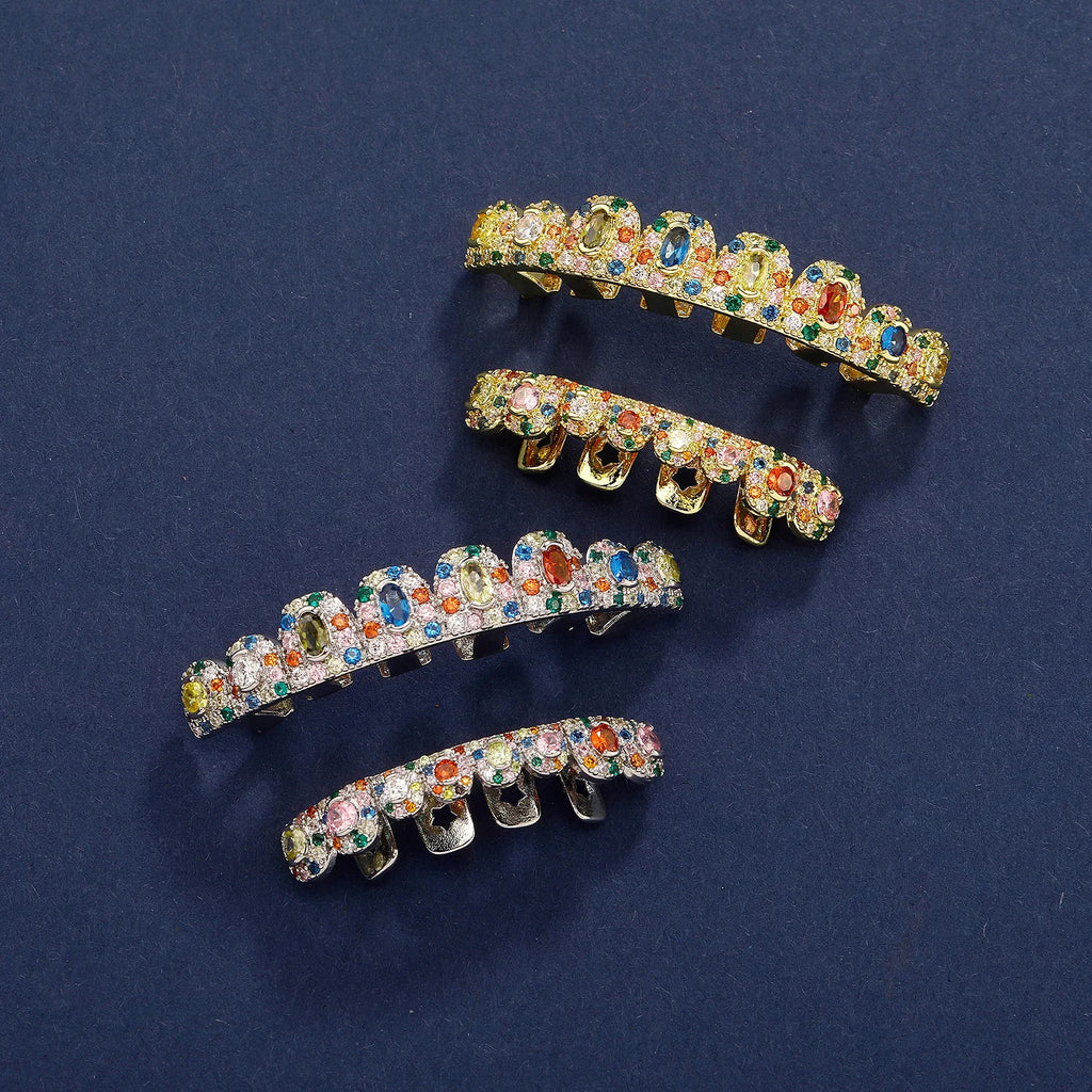 TOPGRILLZ  Hip Hop Full Iced Out  Set 8 Top&8 Bottom Tooth Cap Rainbow Candy Color Dental Grills For Unisex