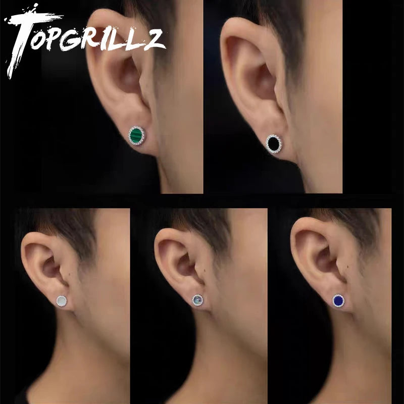 TOPGRILLZ Natural Stone Earrings Crystal Quartzs 10mm Round Gem Stud Iced Out Ear Jewelry For Men Women Wholesale
