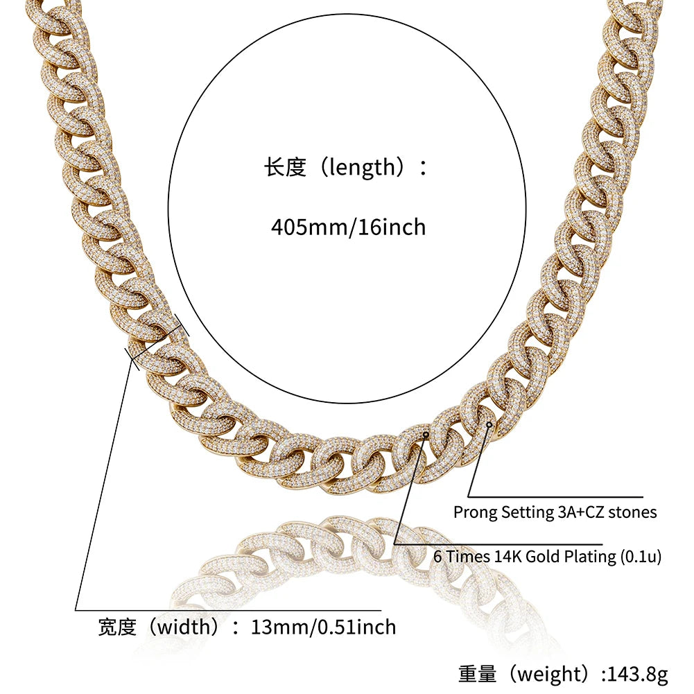 TOPGRILLZ 13mm Heavy Duty Full CZ Miami Cuban Chain Necklace Long Box Clasp Iced Out Silver Plated Bling Hip Hop Men Women