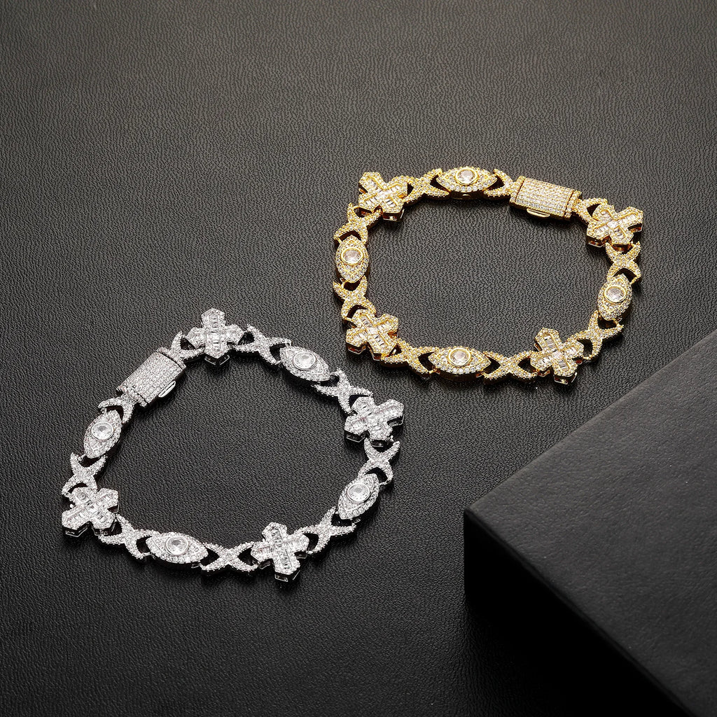 TOPGRILLZ Evil Eye Cross Infinity Symbol Link Bracelet Iced Out Gold Plated CZ Paved Hip Hop Gothic Halloween Jewelry Men Women